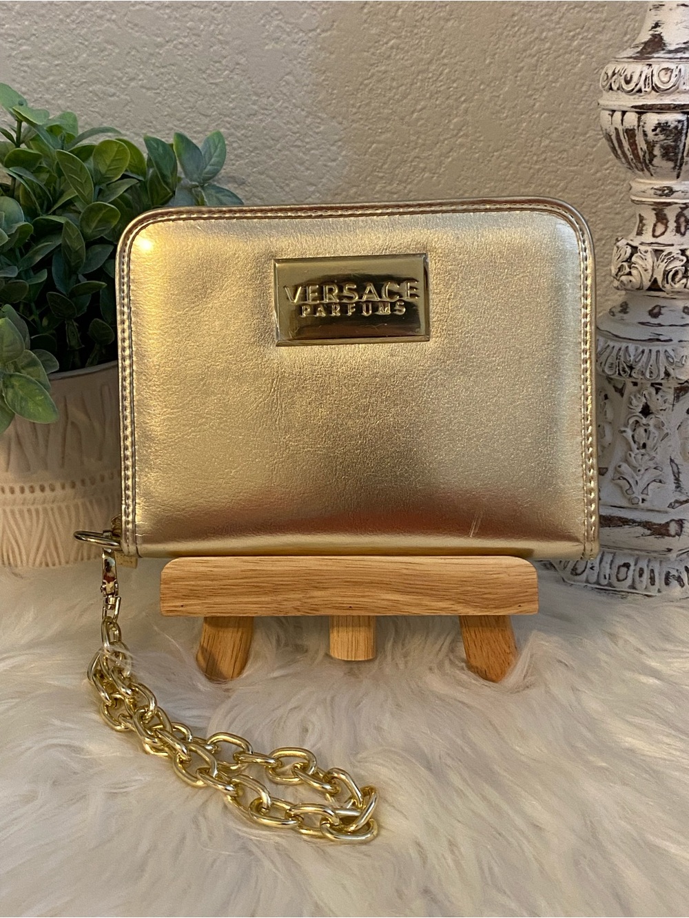 Versace Parfums Gold Zip-Around Logo Chain Wallet or Travel Organizer Wristlet